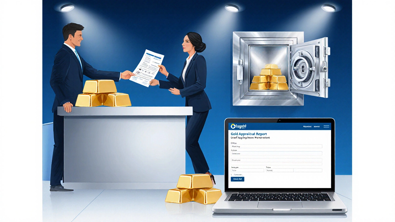 Bank counter scene with NRI manager, gold appraisal, vault, and laptop loan form.