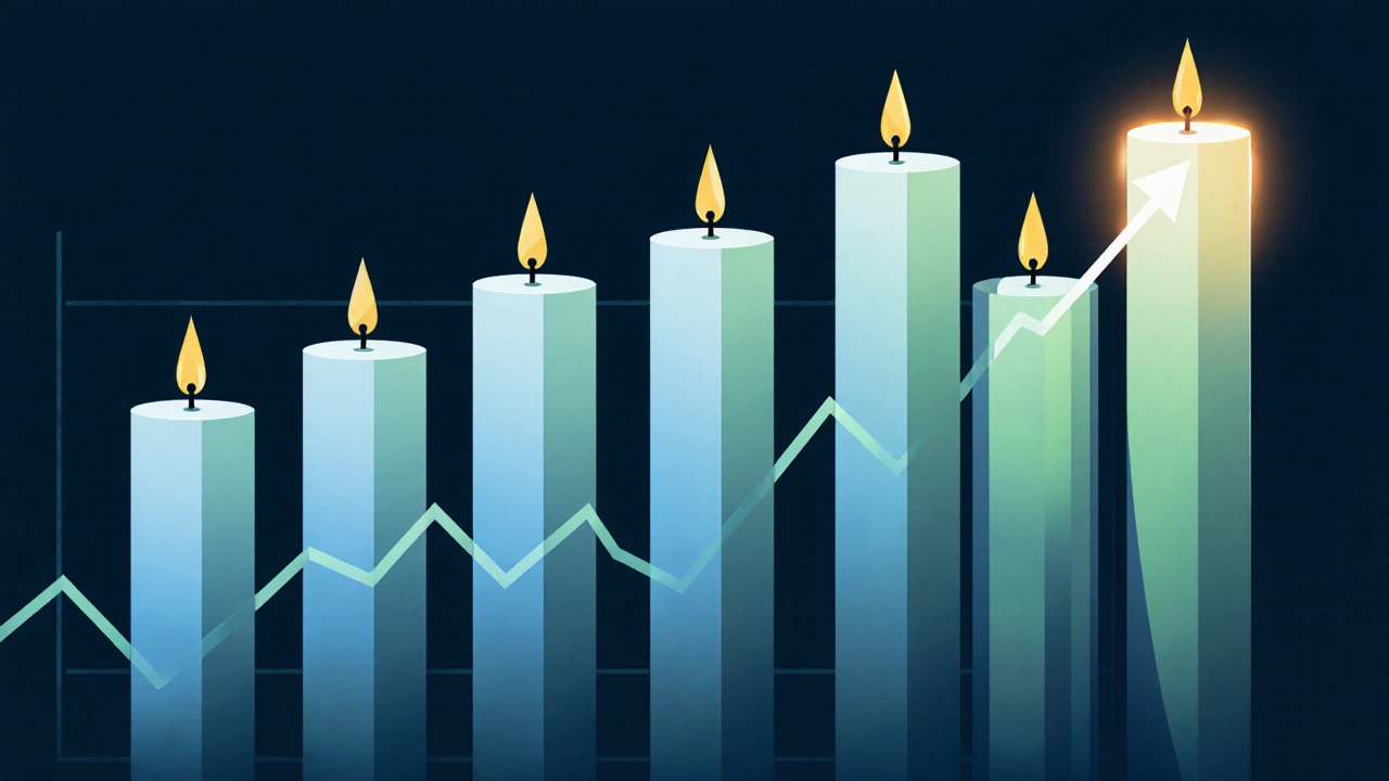 Close‑up of five candlesticks with the fifth candle breaking above the first and larger volume.