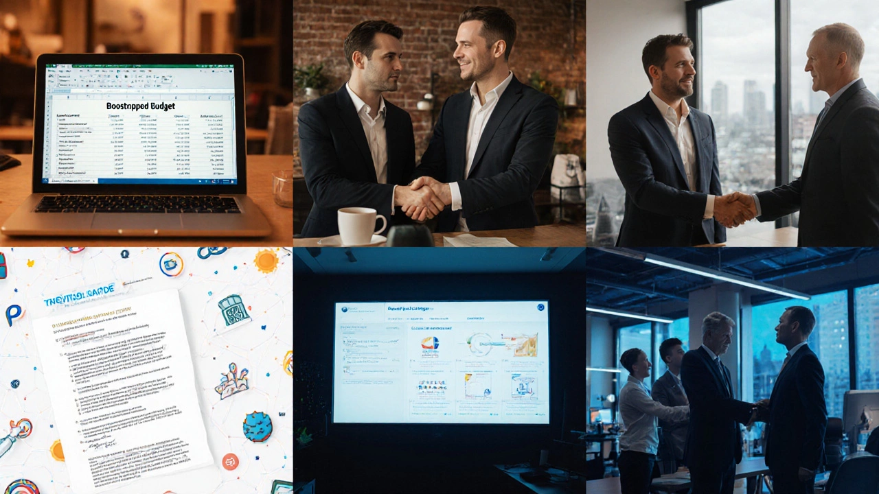 Collage of six scenes: bootstrapped budget, angel handshake, VC boardroom, crowdfunding page, grant letter, bank loan.