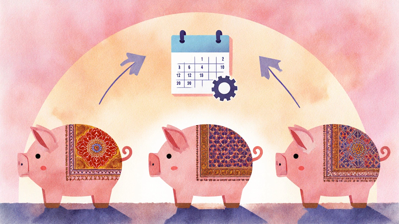 Colorful piggy banks linked by arrows with a calendar and gear, illustrating ways to maximize 7% earnings.