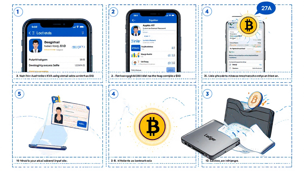 Comic‑style storyboard of a user downloading an app, completing KYC, buying Bitcoin, and securing it in a hardware wallet.