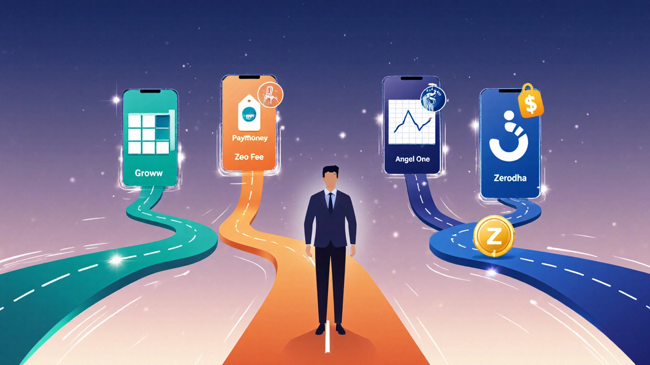 Conceptual art of an investor with four colored paths representing Groww, Paytm Money, Angel One, Zerodha Coin.