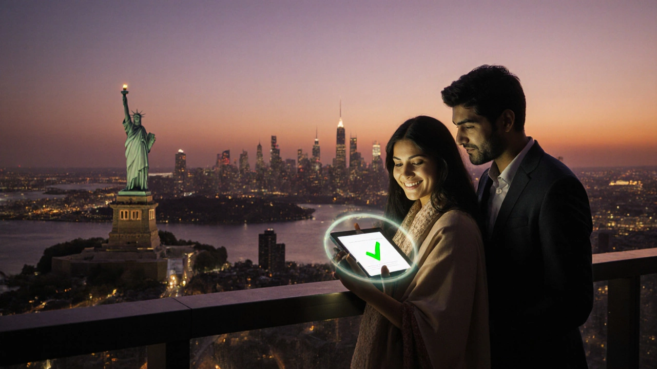 Couple on balcony at dusk celebrating a successful money transfer, NYC skyline in background.