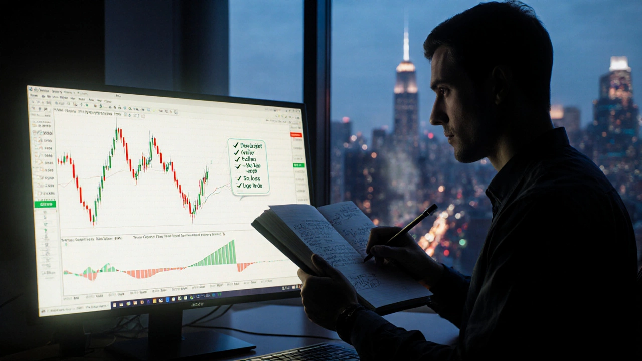 Day trader reviewing journal and market screens, reflecting on risk management.