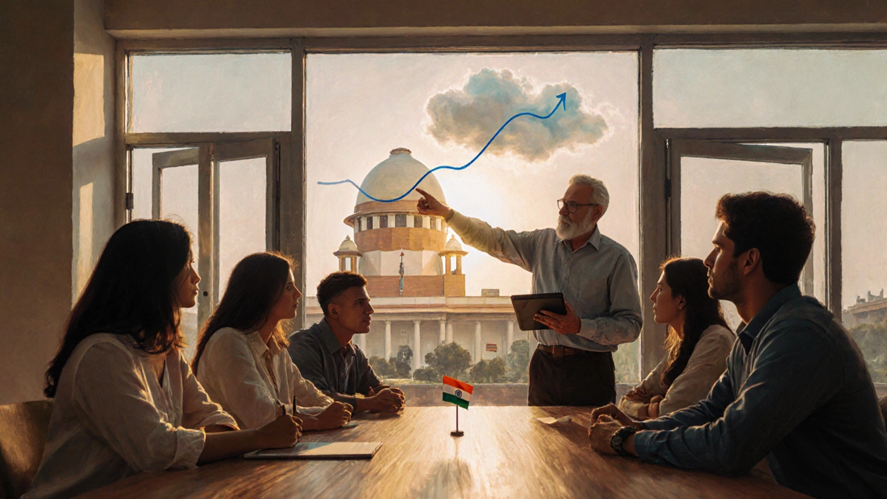 Diverse founders discuss around a table as a mentor gestures toward a rising cloud line, with a government building outside.