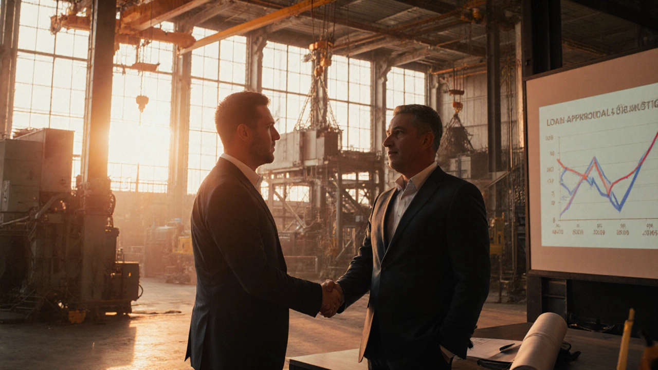 Entrepreneur and banker celebrate loan approval as new warehouse machinery is installed at sunset.