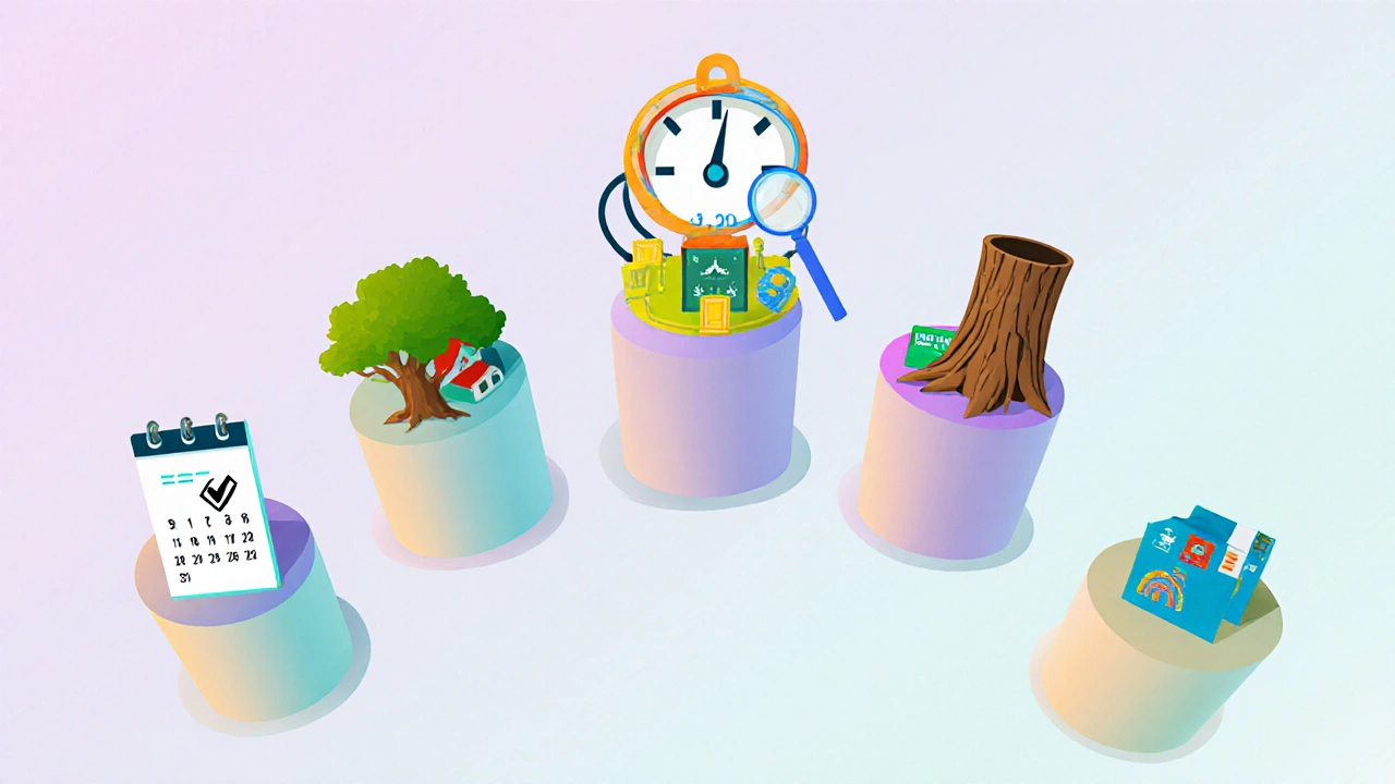 Five symbolic pillars illustrate key factors influencing a credit score.