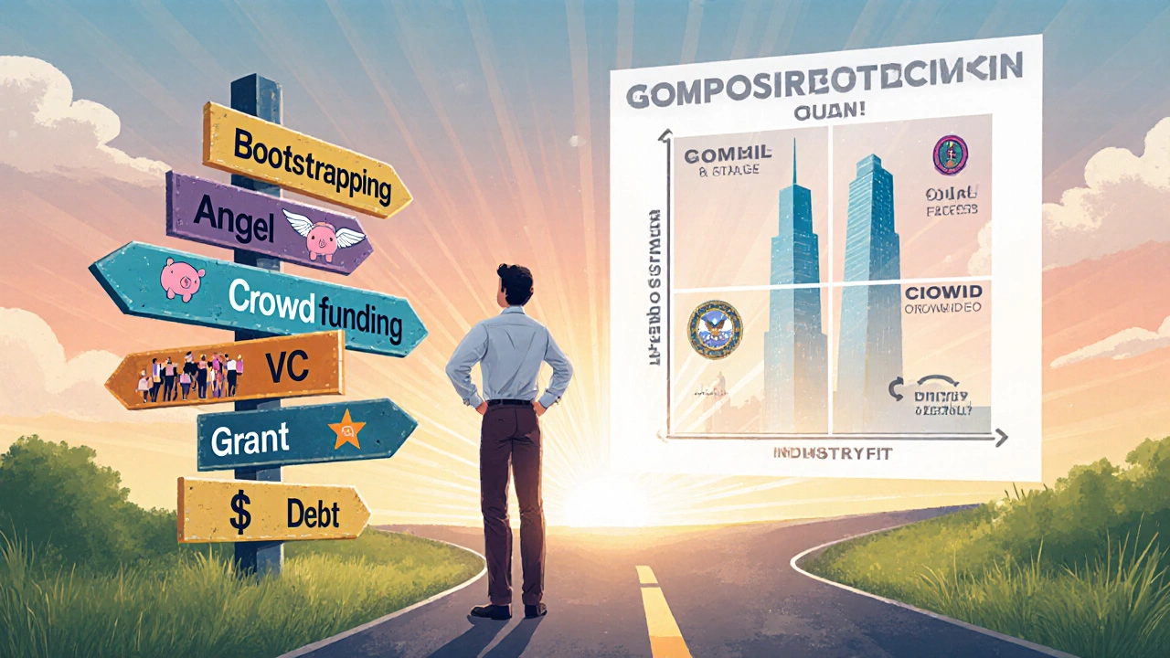 Founder at crossroads with signposts for each funding type and a decision matrix overlay.