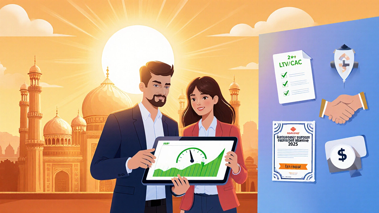 Founders celebrate profit graph with sunrise and symbols of budgeting and tax incentives.