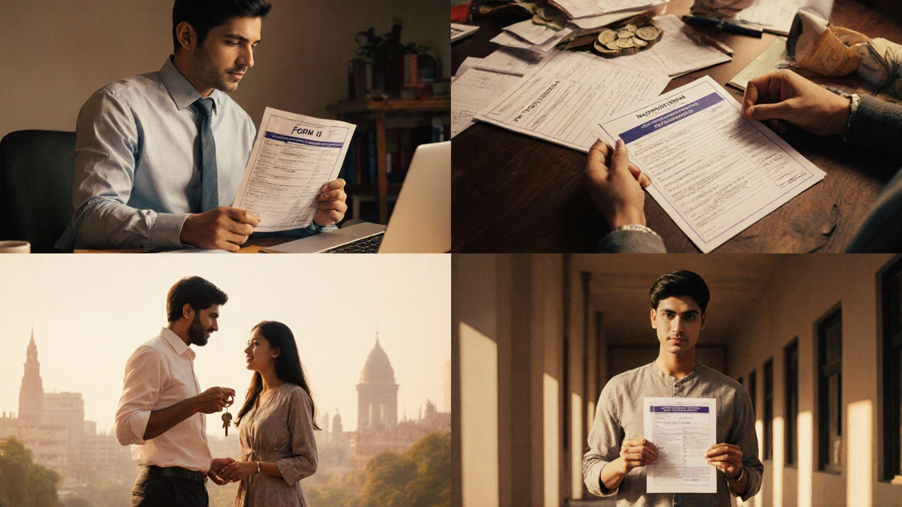 Four Indian individuals—salaried worker, freelancer, homebuyer, student—holding loan paperwork.