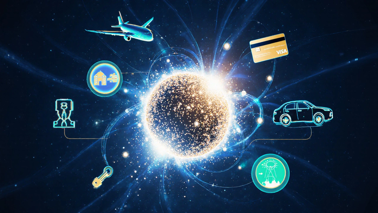 Glowing points morph into plane, hotel key, and rental car with benefit icons.