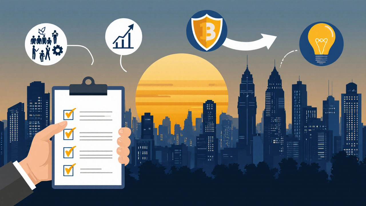 Hand holding checklist over Bengaluru skyline with icons for team, funding, compliance, and product.