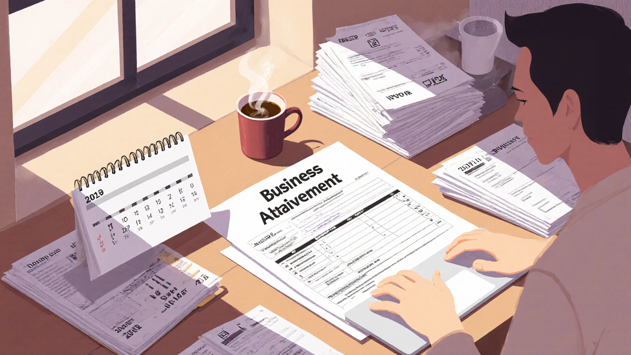 Home office with BAS form, calendar, and invoices illustrating GST filing compliance.