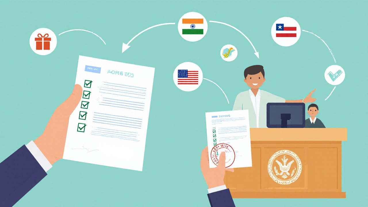 Illustrated compliance checklist showing Form 15CA, Form 15CB, and SWIFT line between India and US.