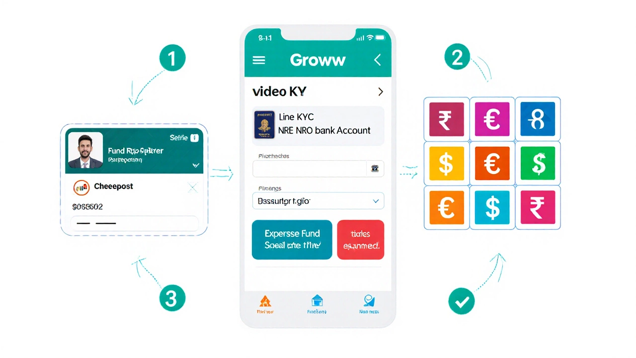 Illustration of Groww app onboarding: video KYC, bank link, and fund explorer grid on a smartphone.