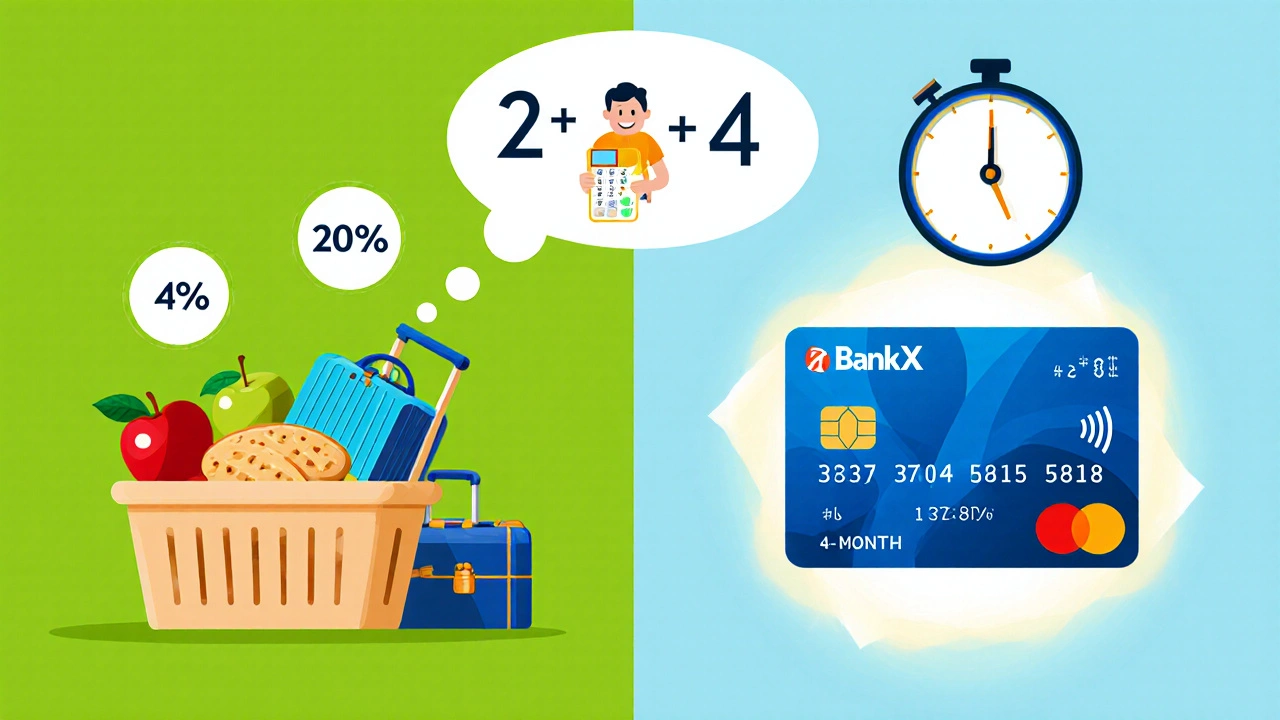 Illustration showing grocery and travel spend percentages, a credit card, and a 4‑month clock for the BankX example.