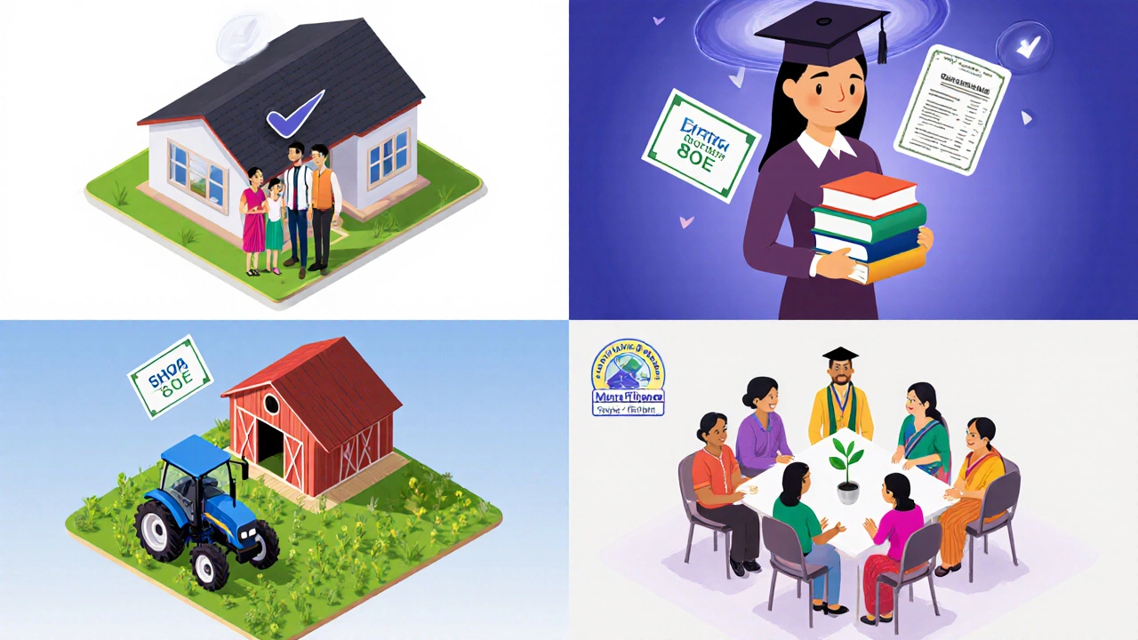 Isometric grid showing home, education, agricultural, and SHG loan scenes with deduction symbols.