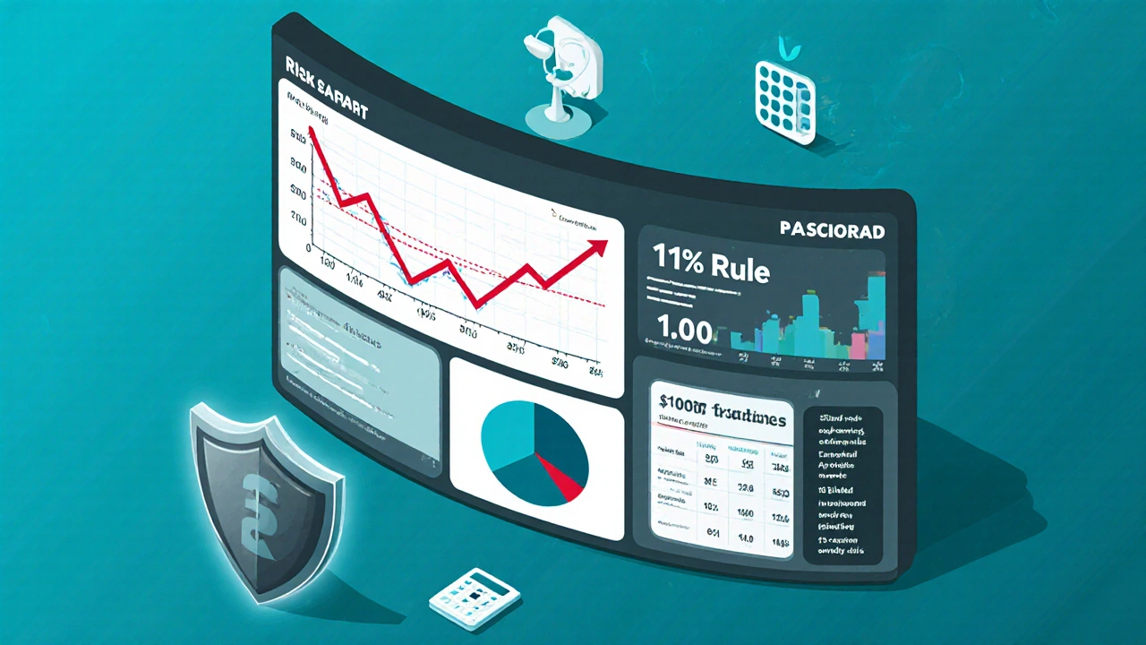 Isometric risk‑management dashboard showing stop‑loss line, diversification pie chart, and 1% rule.