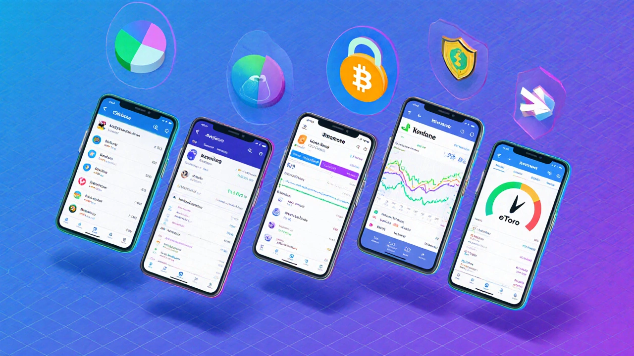 Isometric view of five tablet screens comparing crypto apps' UI features.