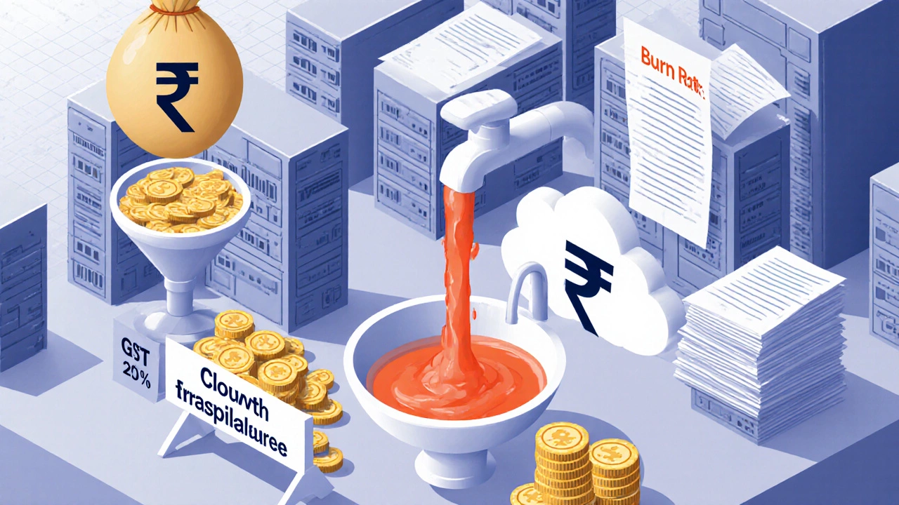 Isometric view of startup costs: red burn faucet dripping onto salary, cloud, and tax piles.