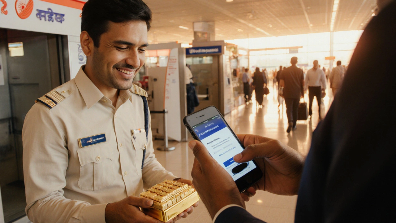 NRI at airport handing gold to bank officer, checking phone confirming loan disbursement.