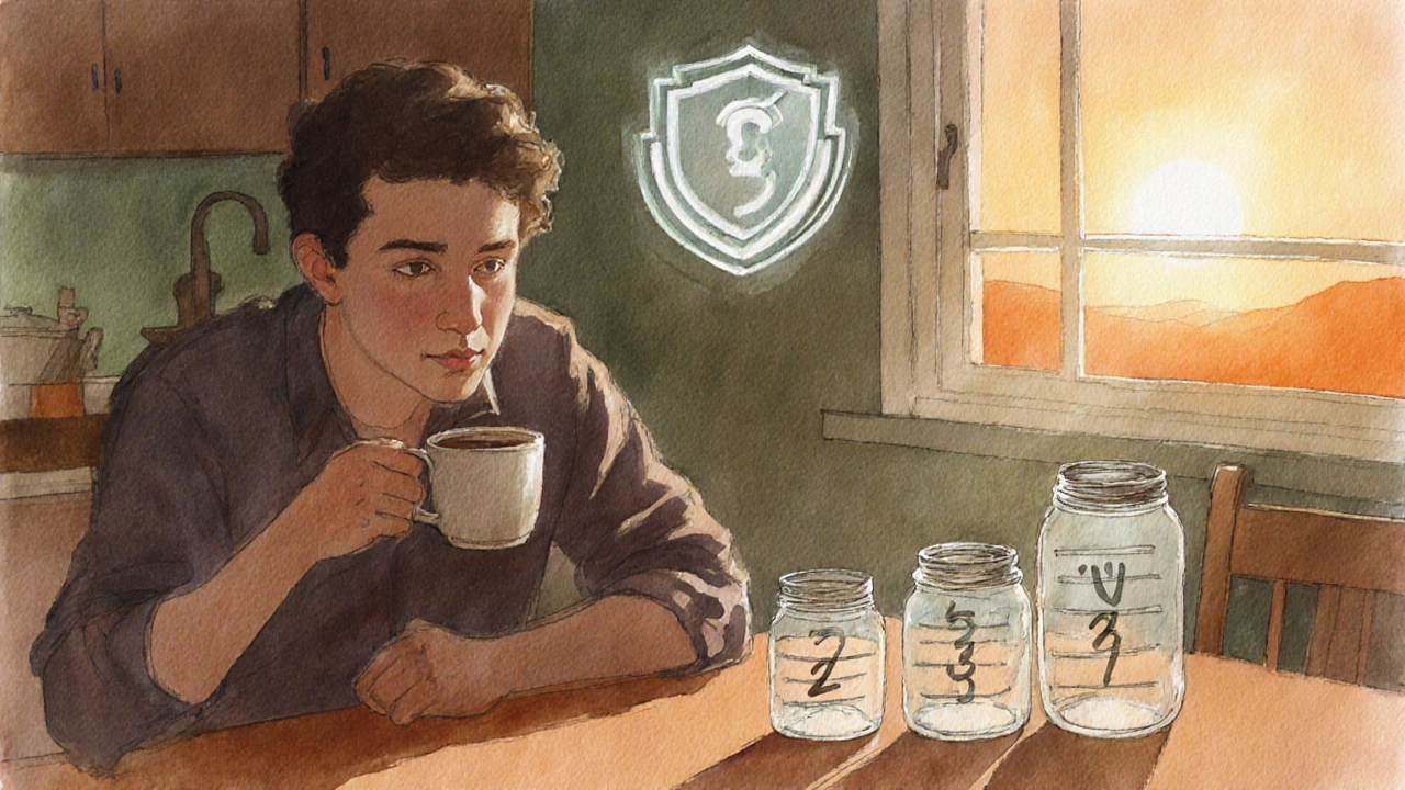 Person at a table with three jar‑like CDs in a ladder, shield icon overhead, sunrise light indicating future.