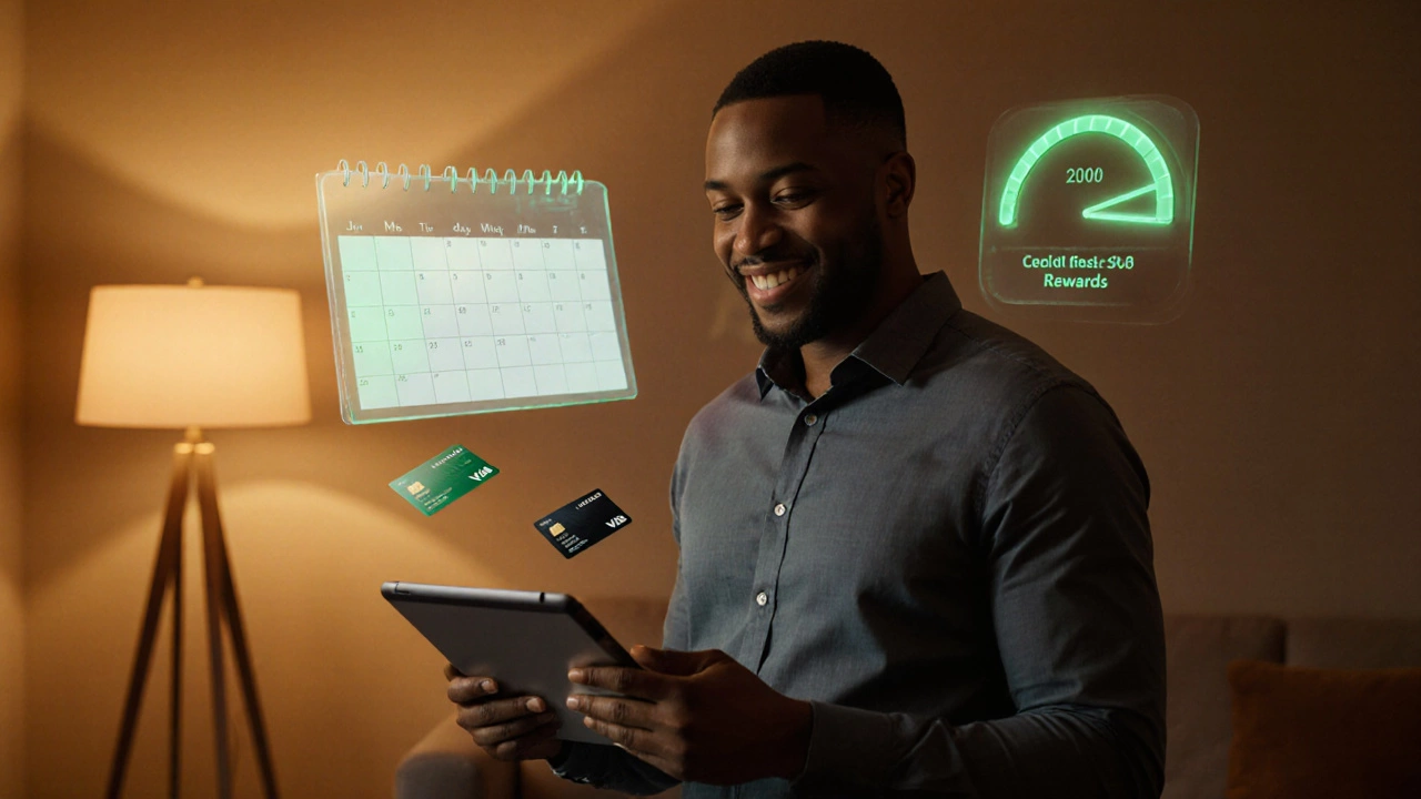 Person standing near a glowing calendar and credit‑score gauge, surrounded by floating credit cards.