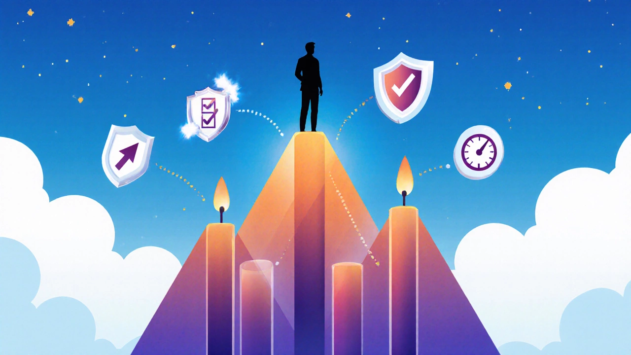 Silhouette of a trader on a mountain made of candlesticks, symbolizing a successful breakout.