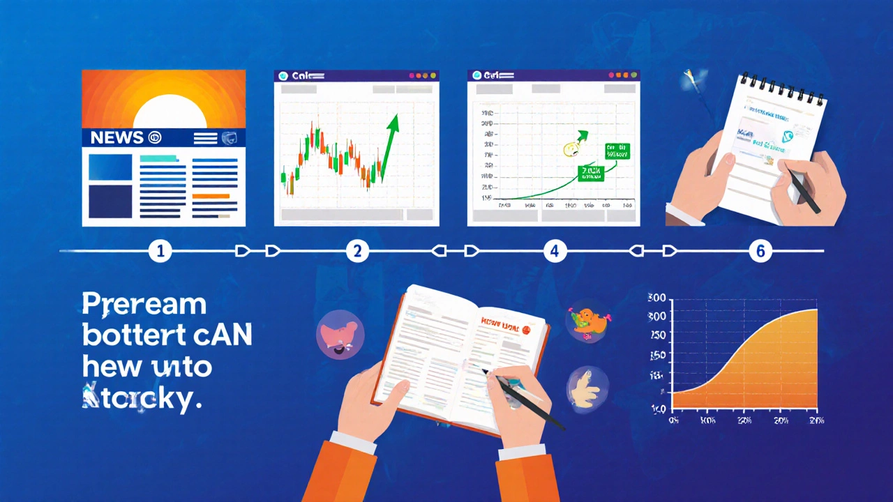 Six‑panel collage of a trader's day: news, chart pattern, trade entry, moving average check, journal, and equity curve.