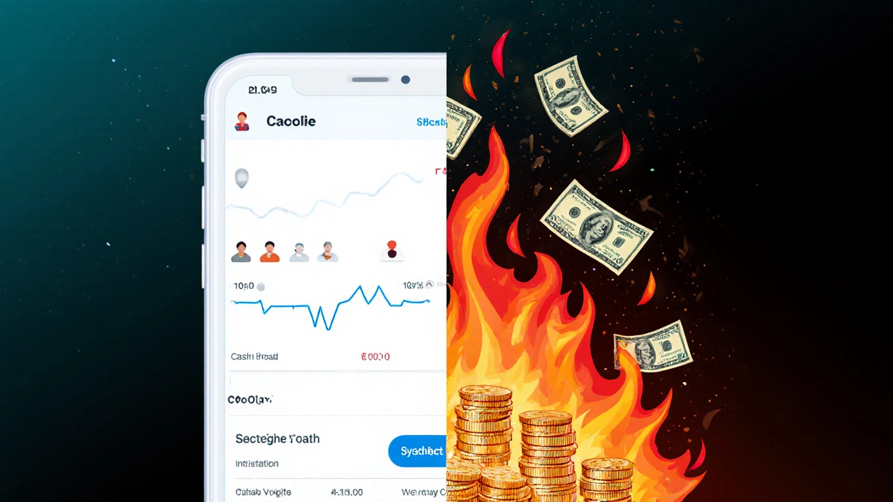 Split illustration of fintech app with few users opposite flames burning cash.
