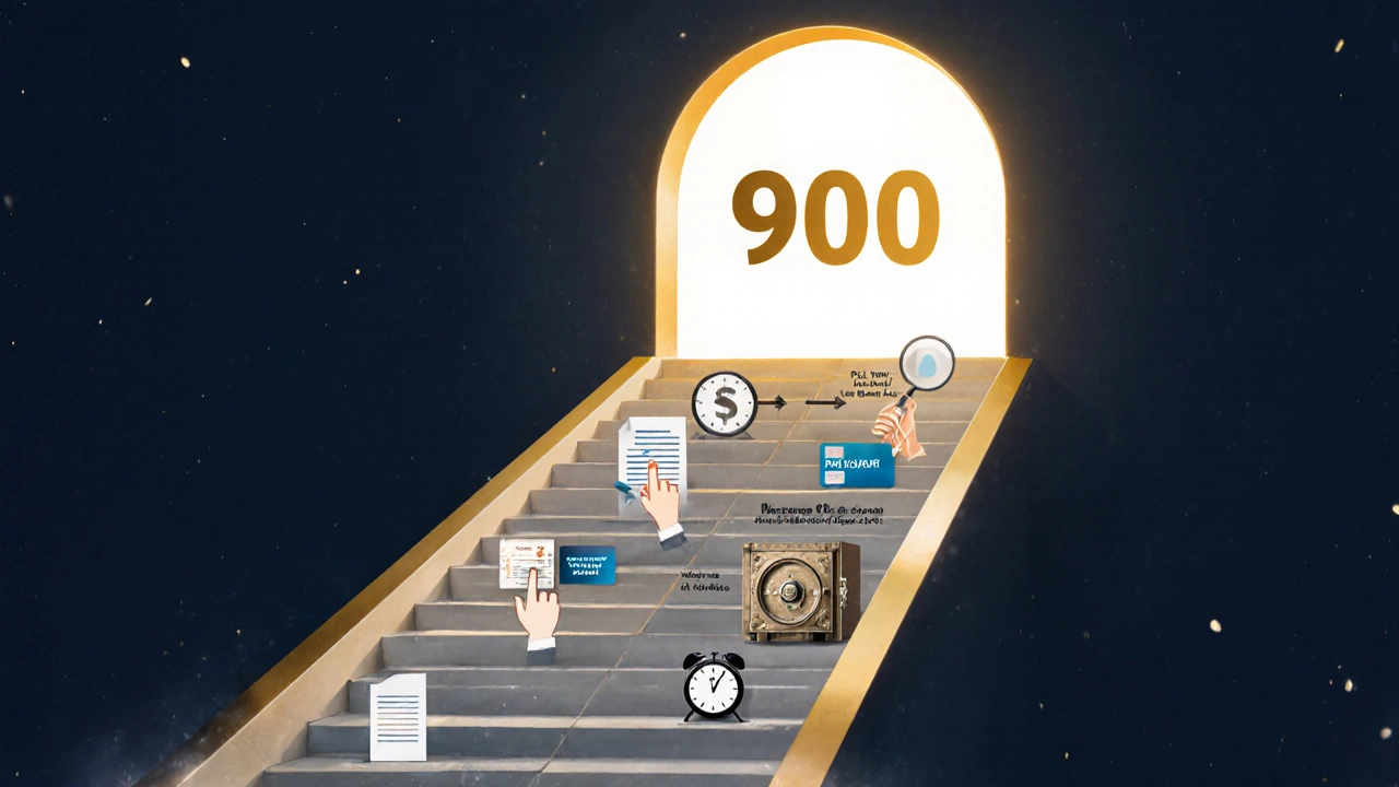 Staircase climbing toward a golden arch, each step shows a credit‑building action.