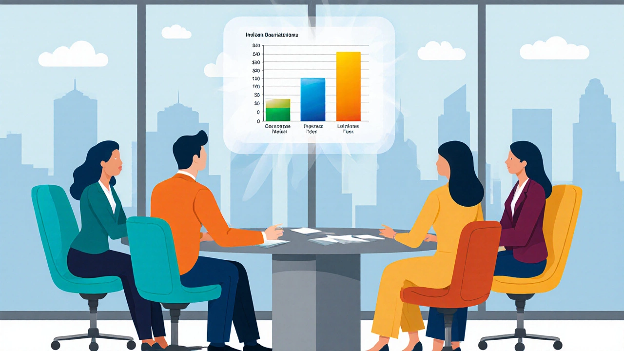 Stylized meeting with five bank reps around a table, holographic chart comparing loan terms.