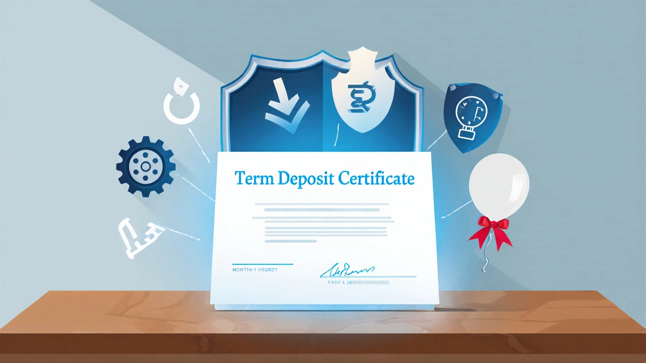 Term‑deposit certificate glowing on a desk surrounded by icons for compounding, inflation, tax, and insurance.