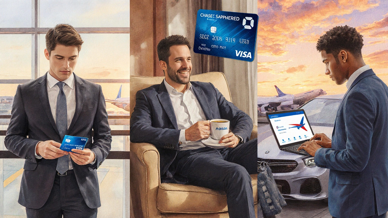 Three people enjoying travel benefits: airport, hotel lounge, and point transfer.