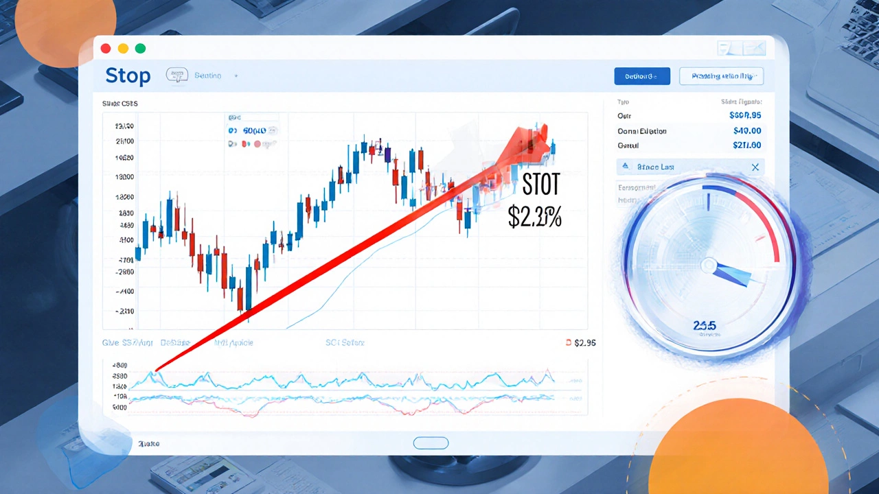 Trading screen with candlestick chart, stop‑loss line and 80% risk‑cap gauge.