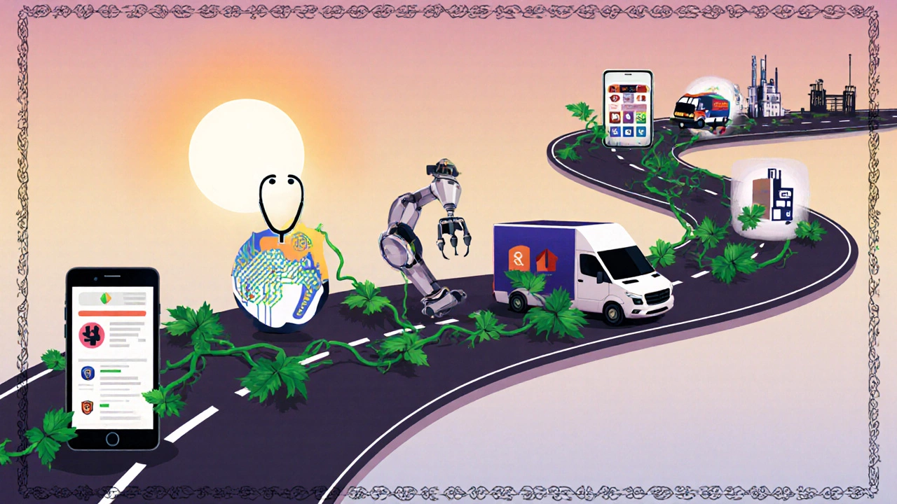 Winding road with industry icons; thriving sectors covered in green vines, others with wilted leaves.